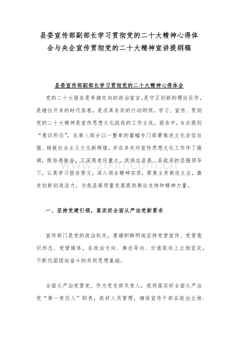 县委宣传部副部长学习贯彻党的二十20大精神心得体会与央企宣传贯彻党的二十20大精神宣讲提纲稿.docx_第1页