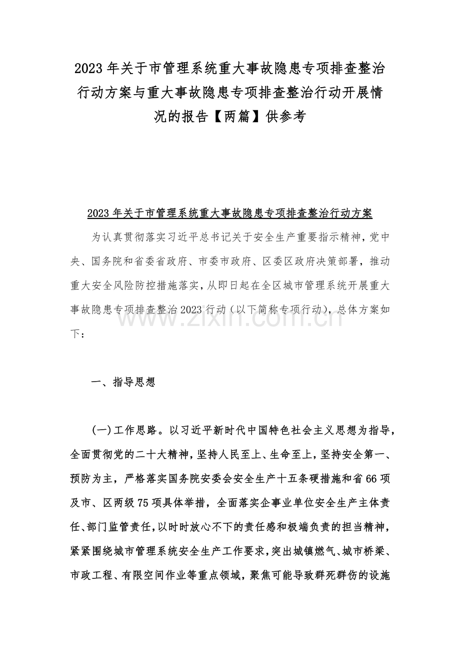 2023年关于市管理系统重大事故隐患专项排查整治行动方案与重大事故隐患专项排查整治行动开展情况的报告【两篇】供参考.docx_第1页