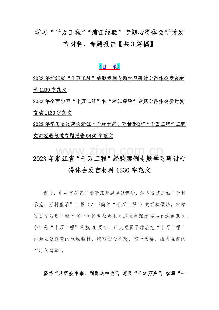 学习“千万工程”“浦江经验”专题心得体会研讨发言材料、专题报告【共3篇稿】.docx_第1页