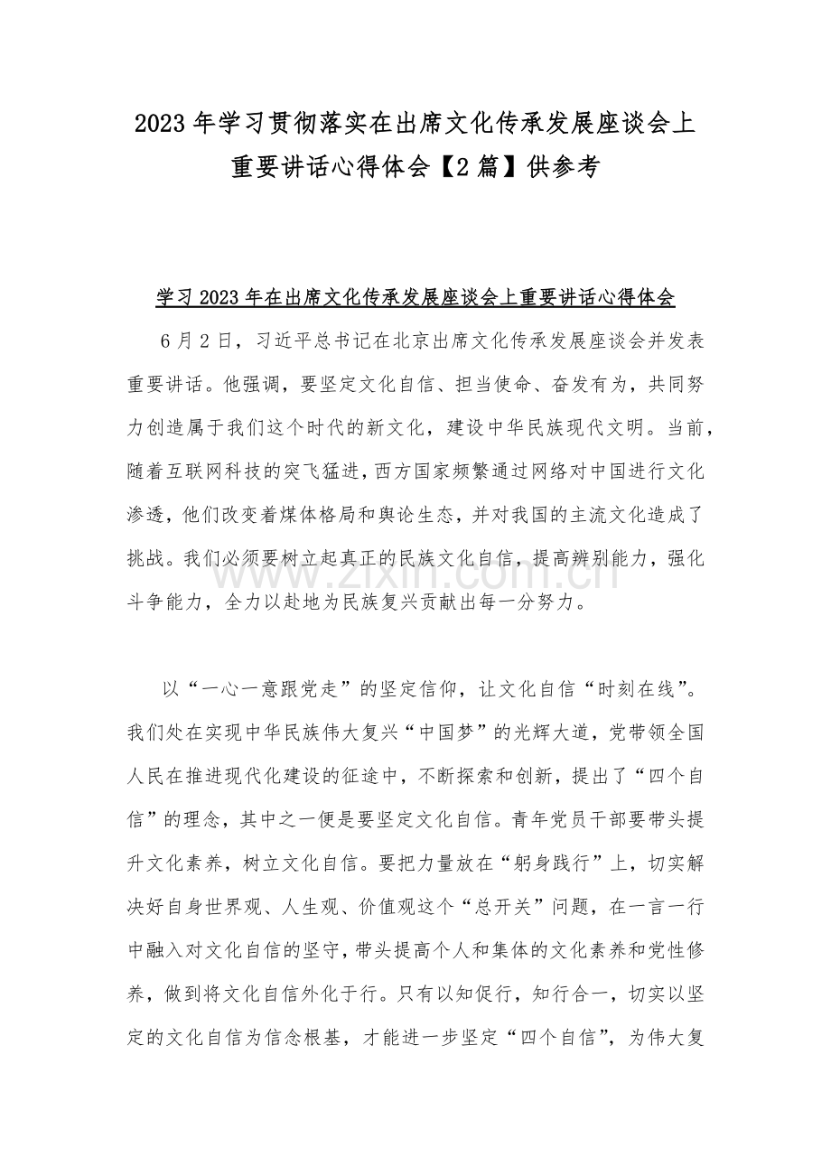 2023年学习贯彻落实在出席文化传承发展座谈会上重要讲话心得体会【2篇】供参考.docx_第1页