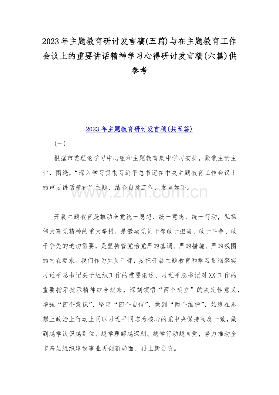 2023年主题教育研讨发言稿(五篇)与在主题教育工作会议上的重要讲话精神学习心得研讨发言稿(六篇)供参考.docx_第1页