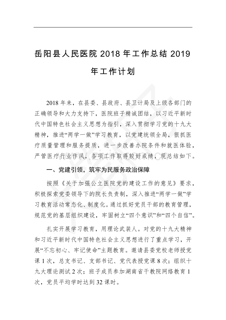 岳阳县人民医院2018年工作总结2019年工作计划.docx_第1页