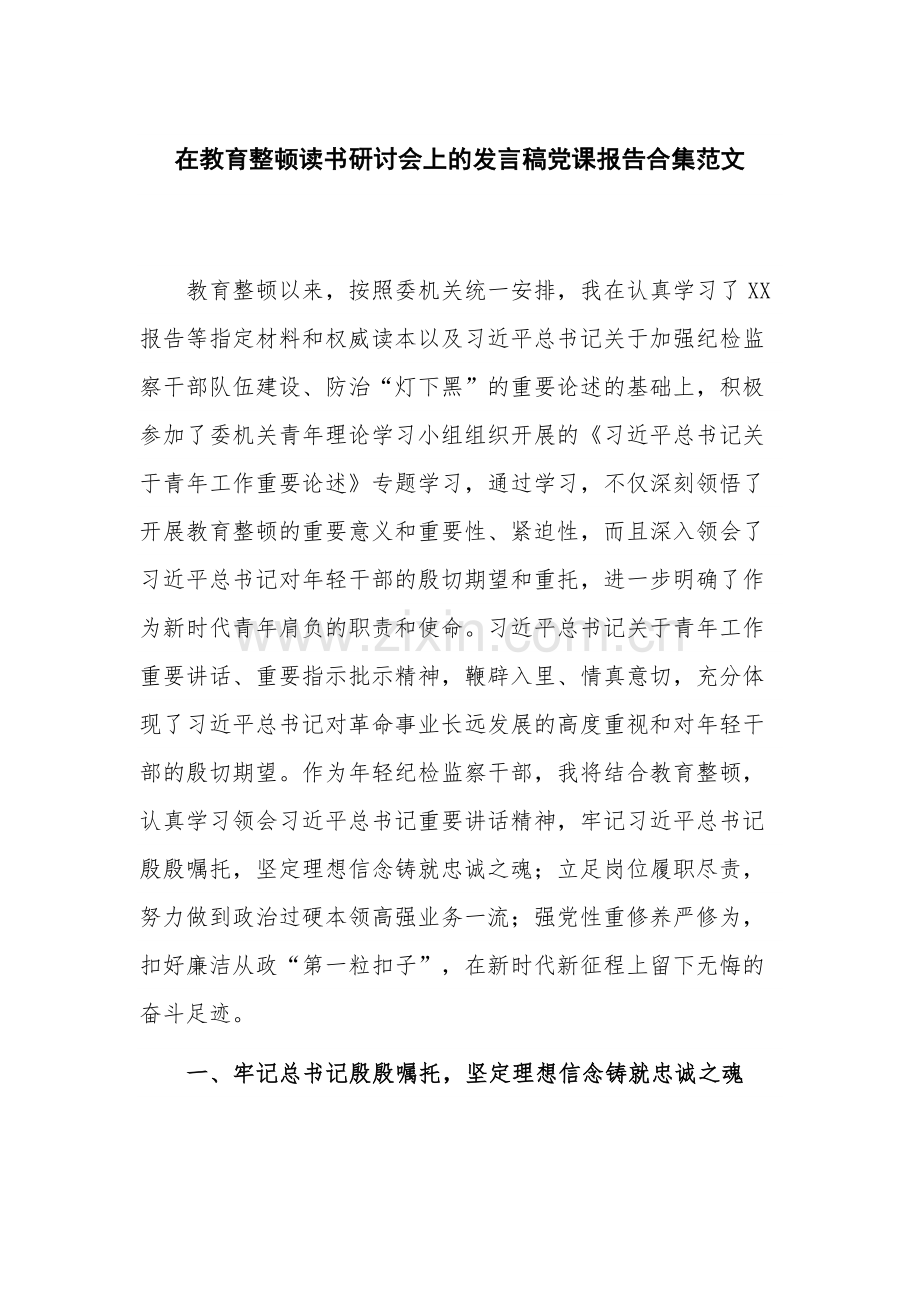 在教育整顿读书研讨会上的发言稿党课报告合集范文.docx_第1页