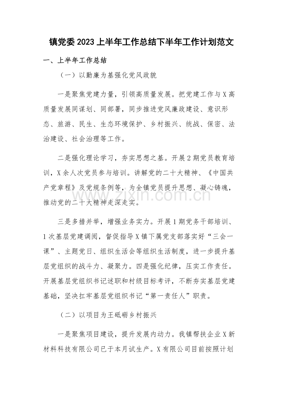 镇党委2023上半年工作总结下半年工作计划范文.docx_第1页