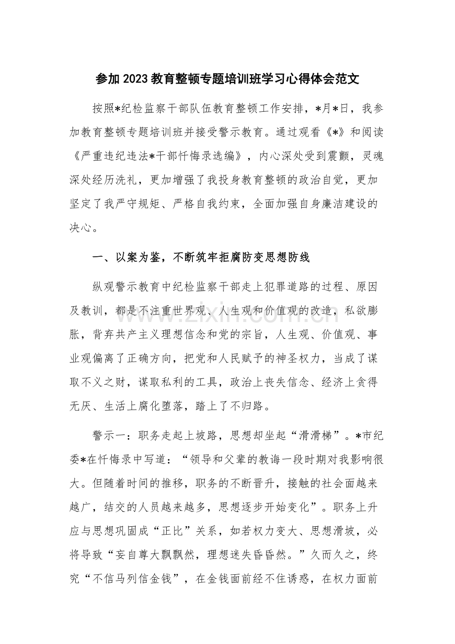 参加2023教育整顿专题培训班学习心得体会范文.docx_第1页