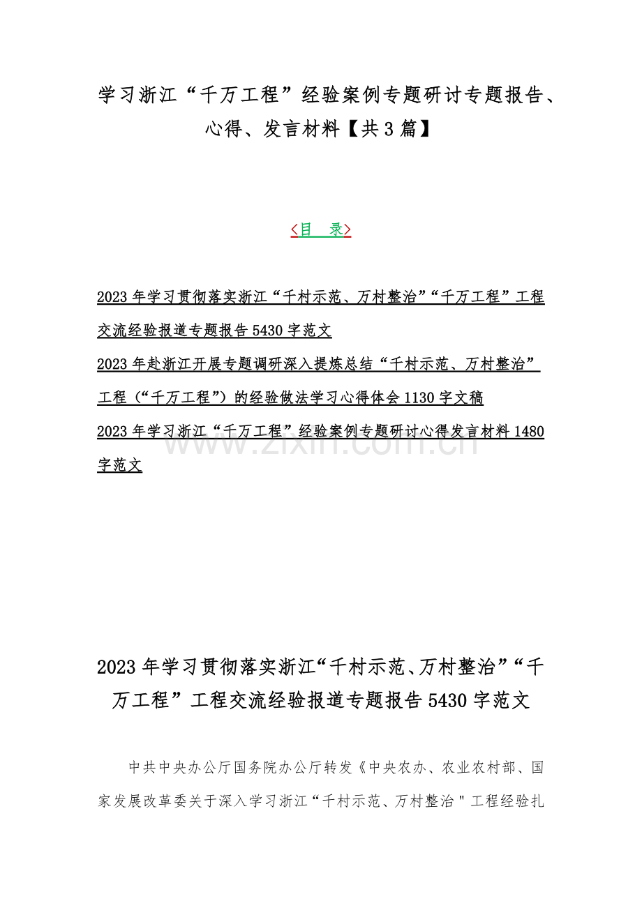 学习浙江“千万工程”经验案例专题研讨专题报告、心得、发言材料【共3篇】.docx_第1页