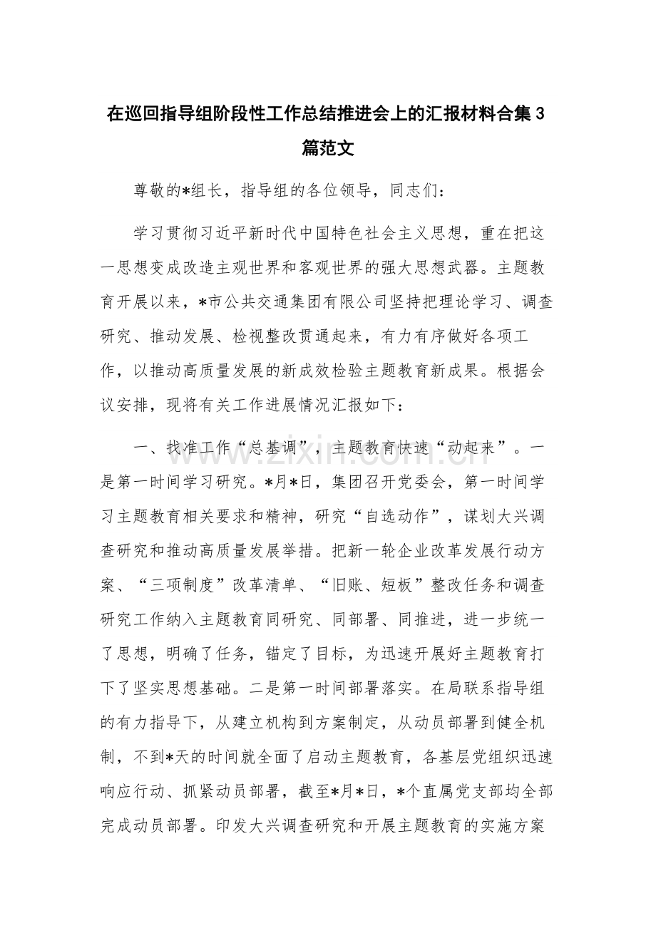 在巡回指导组阶段性工作总结推进会上的汇报材料合集3篇范文.docx_第1页