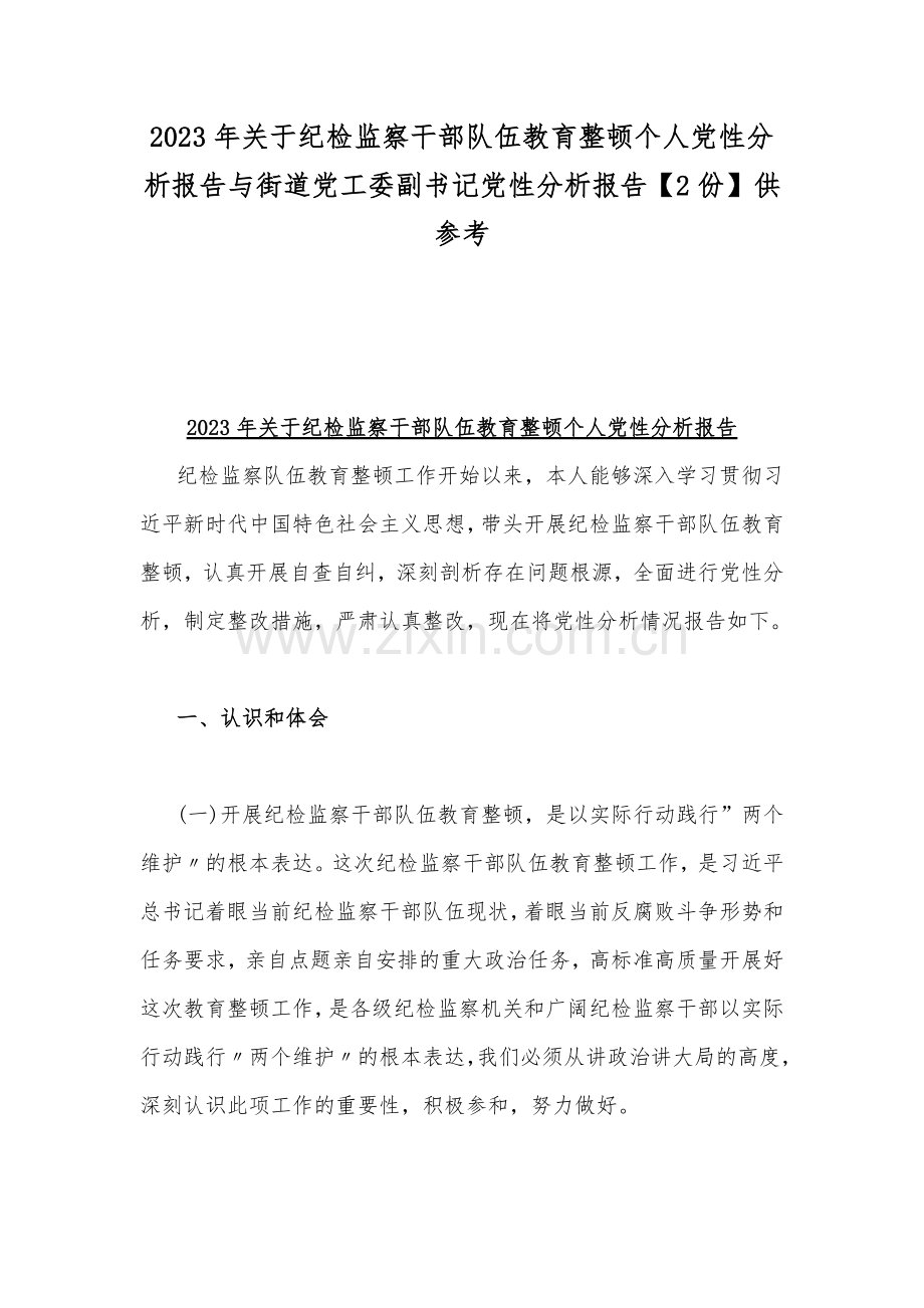 2023年关于纪检监察干部队伍教育整顿个人党性分析报告与街道党工委副书记党性分析报告【2份】供参考.docx_第1页