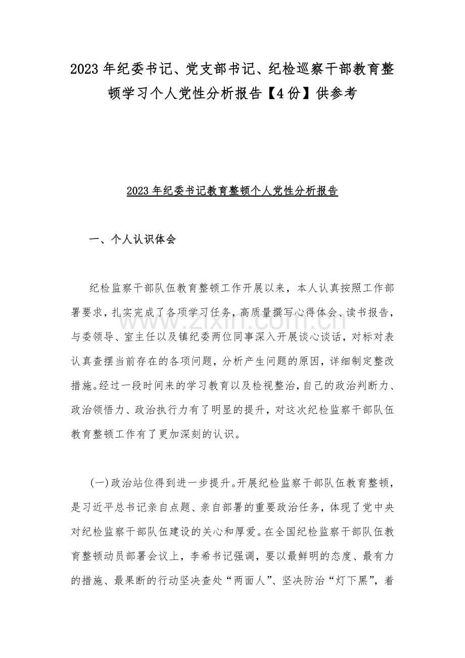 2023年纪委书记、党支部书记、纪检巡察干部教育整顿学习个人党性分析报告【4份】供参考.docx_第1页