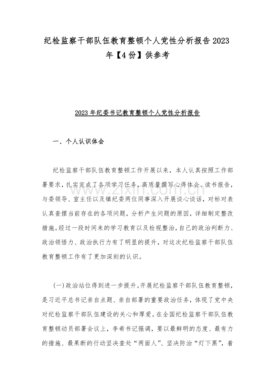 纪检监察干部队伍教育整顿个人党性分析报告2023年【4份】供参考.docx_第1页