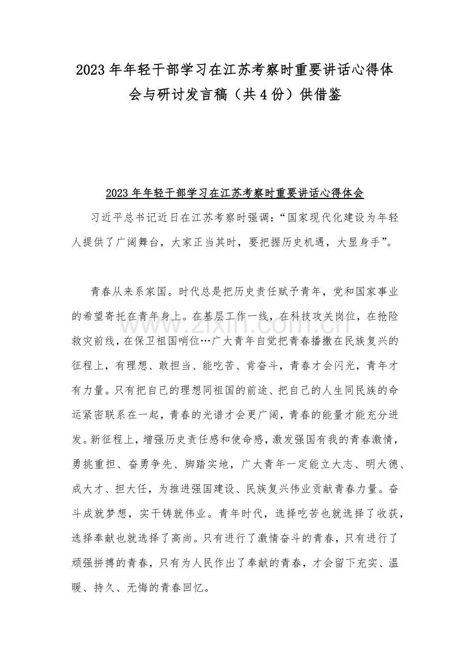 2023年年轻干部学习在江苏考察时重要讲话心得体会与研讨发言稿（共4份）供借鉴.docx_第1页