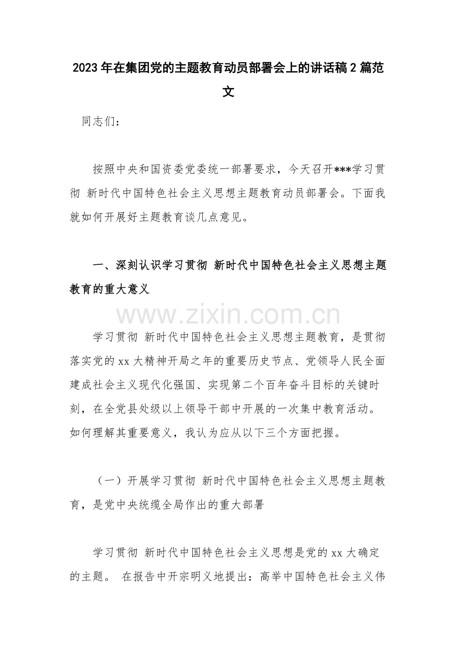 2023年在集团党的主题教育动员部署会上的讲话稿2篇范文.docx_第1页