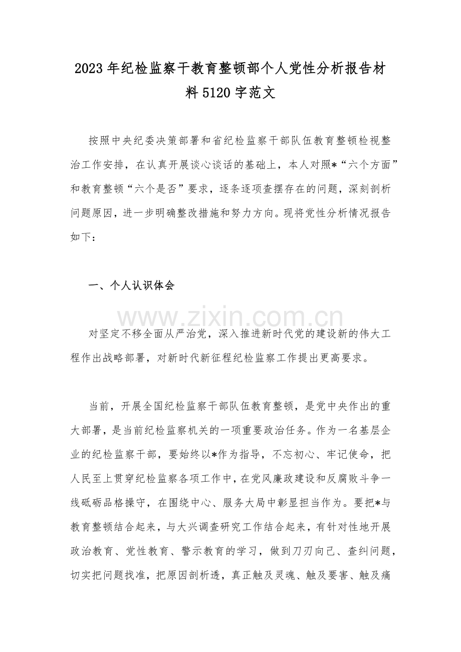 2023年纪检监察干教育整顿部个人党性分析报告材料5120字范文.docx_第1页