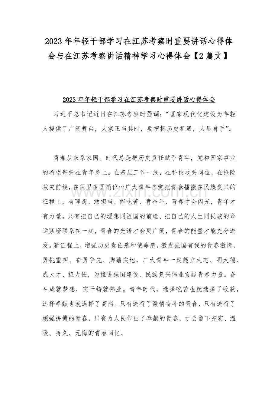 2023年年轻干部学习在江苏考察时重要讲话心得体会与在江苏考察讲话精神学习心得体会【2篇文】.docx_第1页