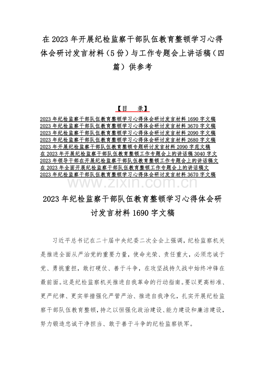 在2023年开展纪检监察干部队伍教育整顿学习心得体会研讨发言材料（5份）与工作专题会上讲话稿（四篇）供参考.docx_第1页