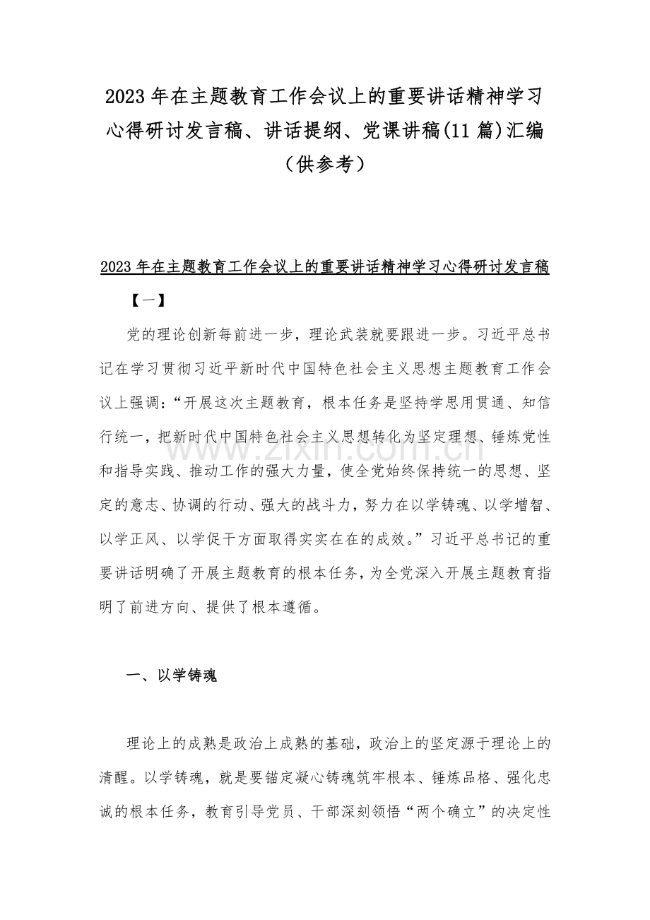 2023年在主题教育工作会议上的重要讲话精神学习心得研讨发言稿、讲话提纲、党课讲稿(11篇)汇编（供参考）.docx_第1页