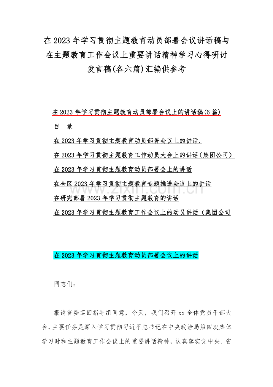 在2023年学习贯彻主题教育动员部署会议讲话稿与在主题教育工作会议上重要讲话精神学习心得研讨发言稿(各六篇)汇编供参考.docx_第1页