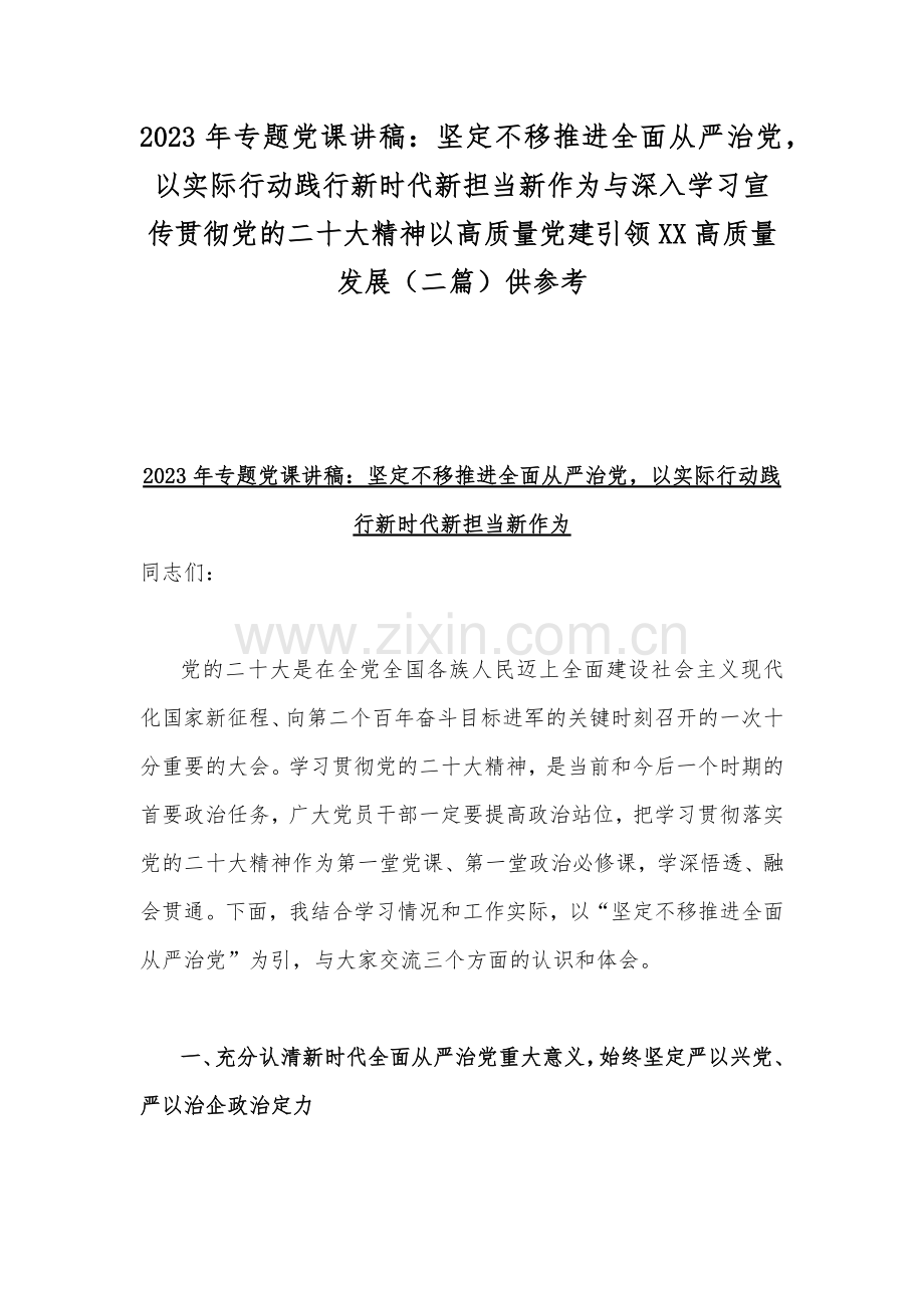 2023年专题党课讲稿：坚定不移推进全面从严治党以实际行动践行新时代新担当新作为与深入学习宣传贯彻党的二十大精神以高质量党建引领XX高质量发展（二篇）供参考.docx_第1页