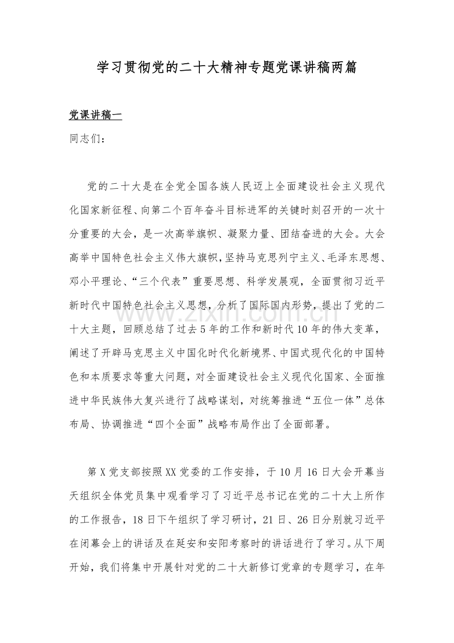 学习贯彻党的二20十大精神专题党课讲稿两篇.docx_第1页