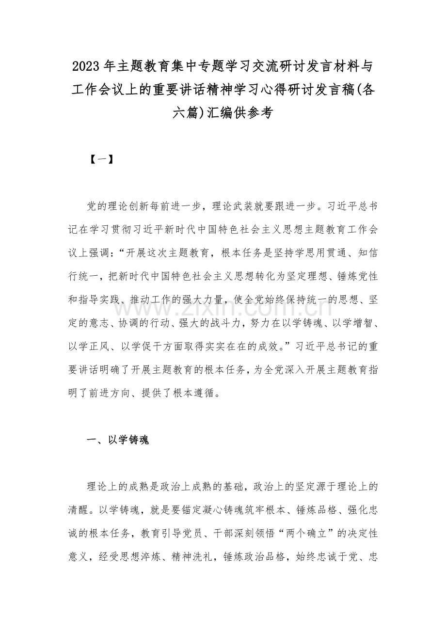 2023年主题教育集中专题学习交流研讨发言材料与工作会议上的重要讲话精神学习心得研讨发言稿(各六篇)汇编供参考.docx_第1页