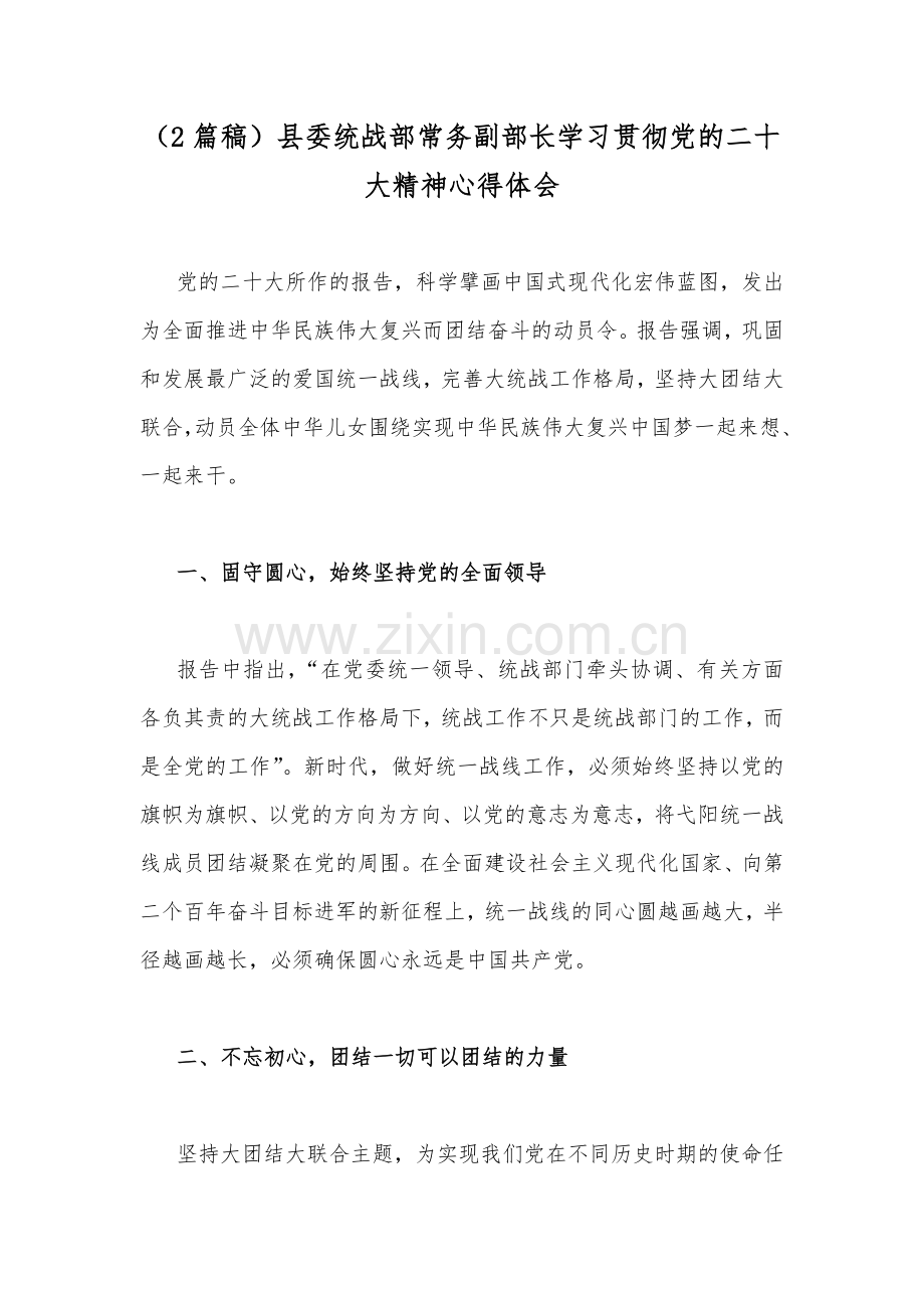 （2篇稿）县委统战部常务副部长学习贯彻党的二20十大精神心得体会.docx_第1页