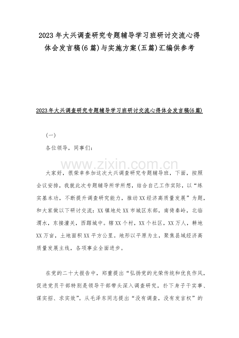 2023年大兴调查研究专题辅导学习班研讨交流心得体会发言稿(6篇)与实施方案(五篇)汇编供参考.docx_第1页