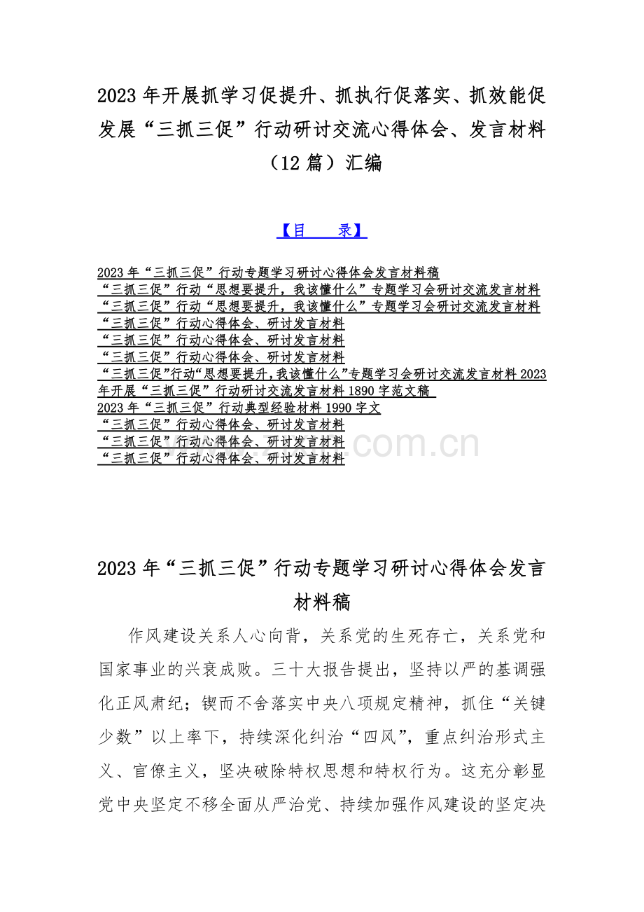 2023年开展抓学习促提升、抓执行促落实、抓效能促发展“三抓三促”行动研讨交流心得体会、发言材料（12篇）汇编.docx_第1页