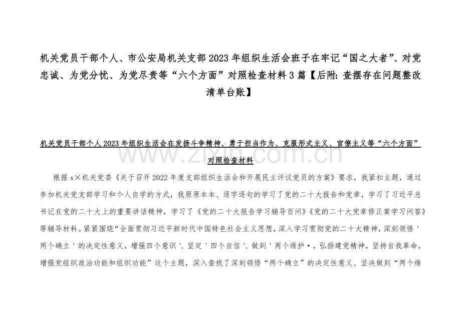 机关党员干部个人、市公安局机关支部2023年组织生活会班子在牢记“国之大者”、对党忠诚、为党分忧、为党尽责等“六个方面”对照检查材料3篇【后附：查摆存在问题整改清单台账】.docx_第1页