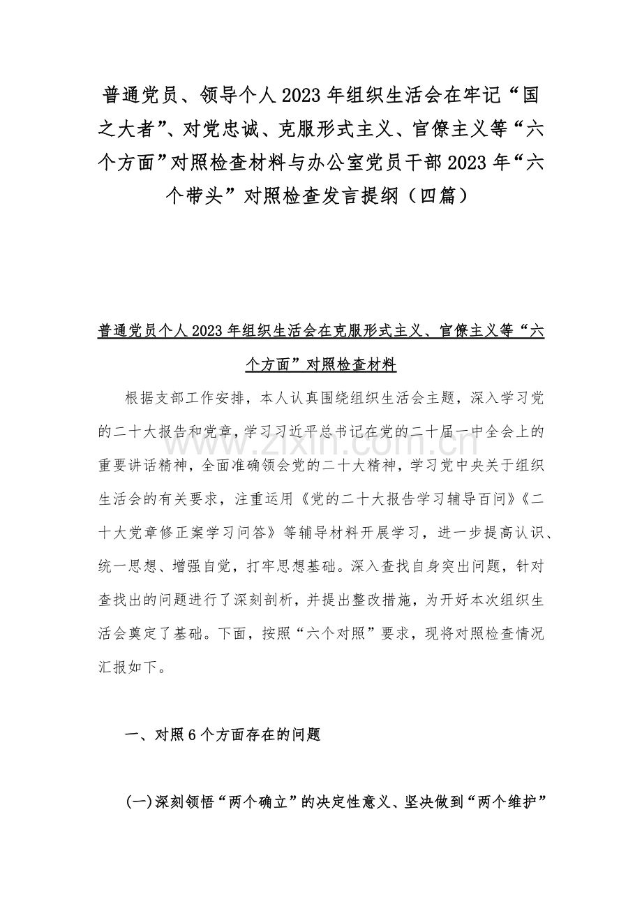 普通党员、领导个人2023年组织生活会在牢记“国之大者”、对党忠诚、克服形式主义、官僚主义等“六个方面”对照检查材料与办公室党员干部2023年“六个带头”对照检查发言提纲（四篇）.docx_第1页