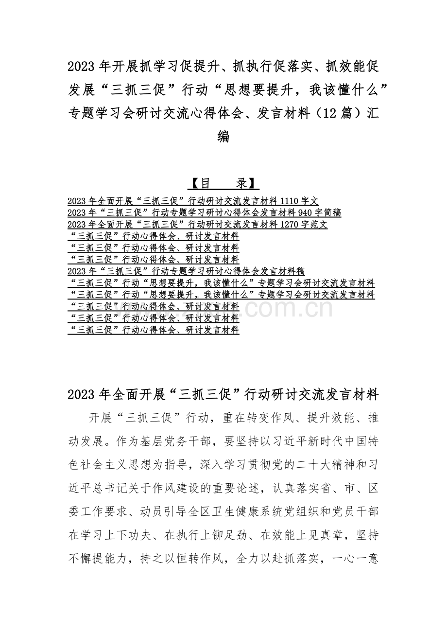 2023年开展抓学习促提升、抓执行促落实、抓效能促发展“三抓三促”行动“思想要提升我该懂什么”专题学习会研讨交流心得体会、发言材料（12篇）汇编.docx_第1页