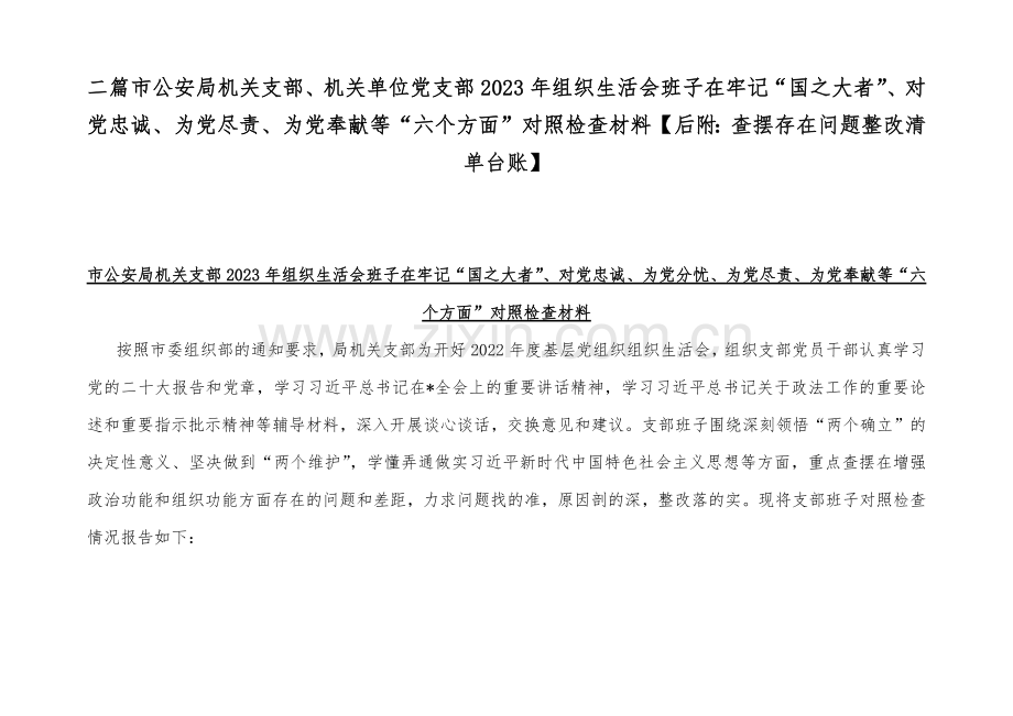 二篇市公安局机关支部、机关单位党支部2023年组织生活会班子在牢记“国之大者”、对党忠诚、为党尽责、为党奉献等“六个方面”对照检查材料【后附：查摆存在问题整改清单台账】.docx_第1页