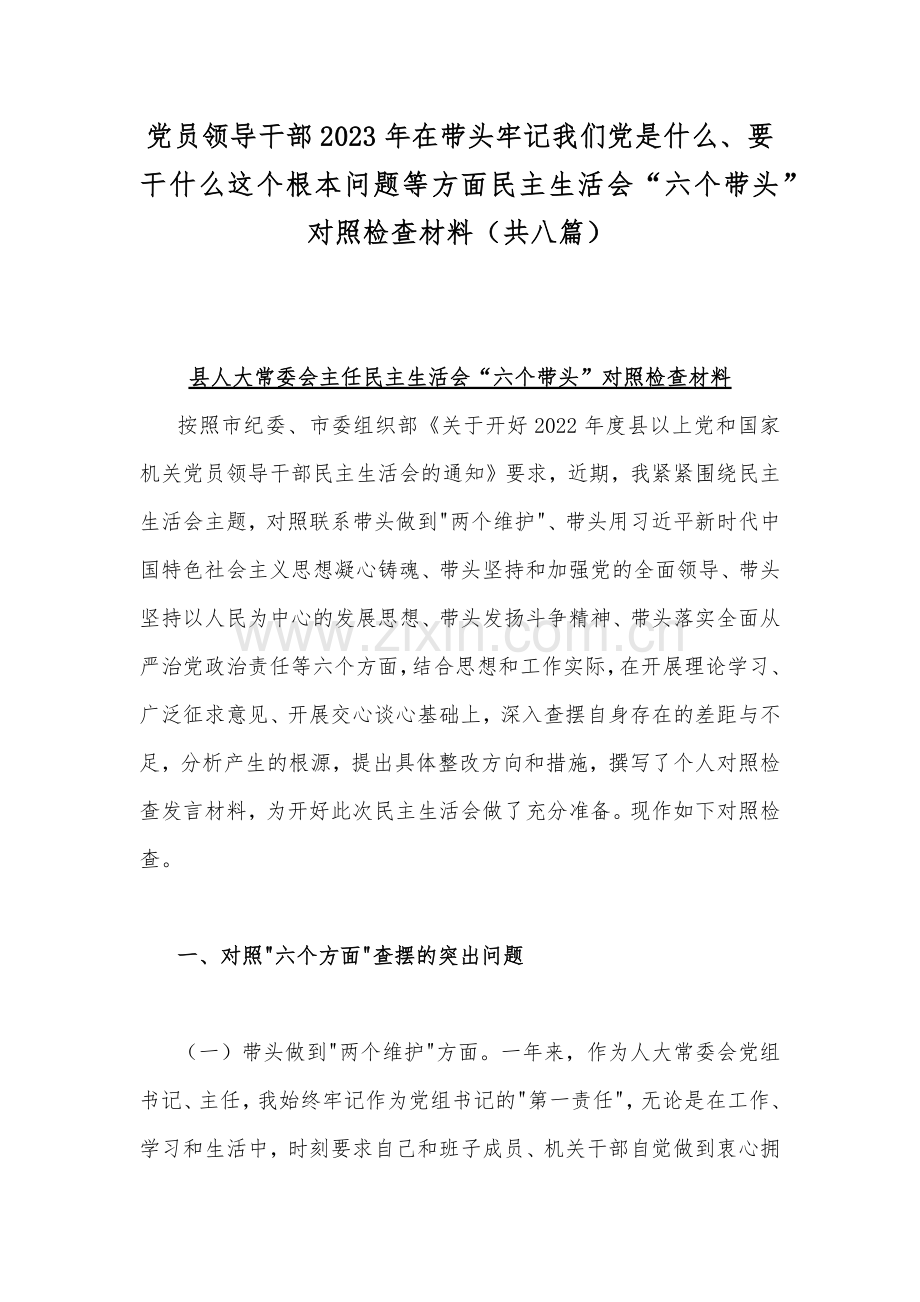 党员领导干部2023年在带头牢记我们党是什么、要干什么这个根本问题等方面民主生活会“六个带头”对照检查材料（共八篇）.docx_第1页