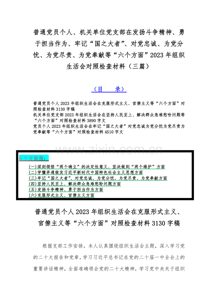 普通党员个人、机关单位党支部在发扬斗争精神、勇于担当作为、牢记“国之大者”、对党忠诚、为党分忧、为党尽责、为党奉献等“六个方面”2023年组织生活会对照检查材料（三篇）.docx_第1页