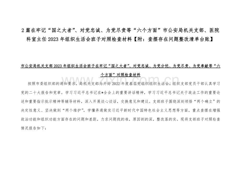 2篇在牢记“国之大者”、对党忠诚、为党尽责等“六个方面”市公安局机关支部、医院科室主任2023年组织生活会班子对照检查材料【附：查摆存在问题整改清单台账】.docx_第1页