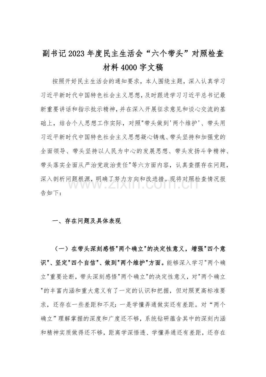 2023年副书记、部长、副领导、书记民主生活会“六个带头”对照检查及发言材料（六份）汇编.docx_第2页