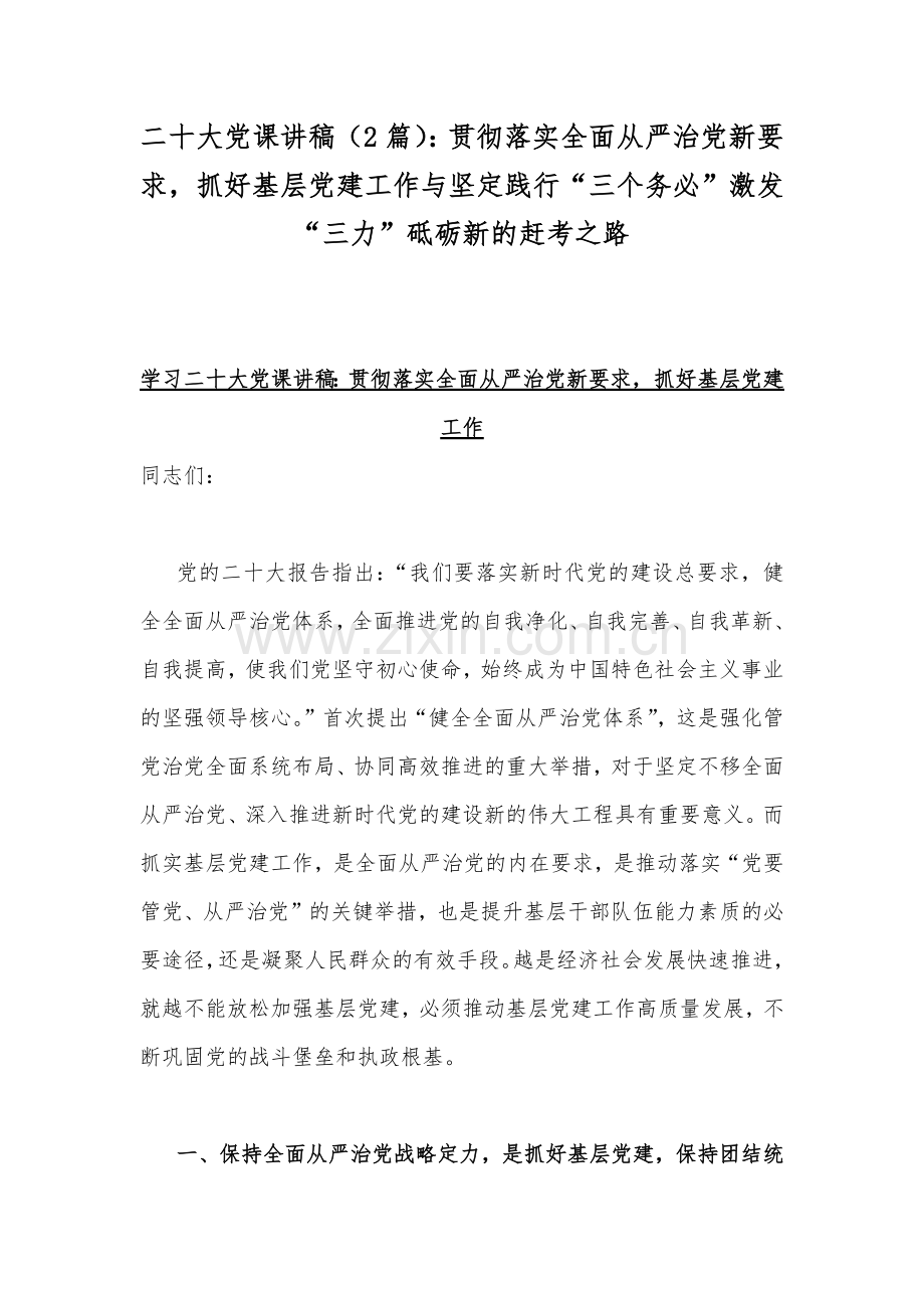 二20十大党课讲稿（2篇）：贯彻落实全面从严治党新要求抓好基层党建工作与坚定践行“三个务必”激发“三力”砥砺新的赶考之路.docx_第1页