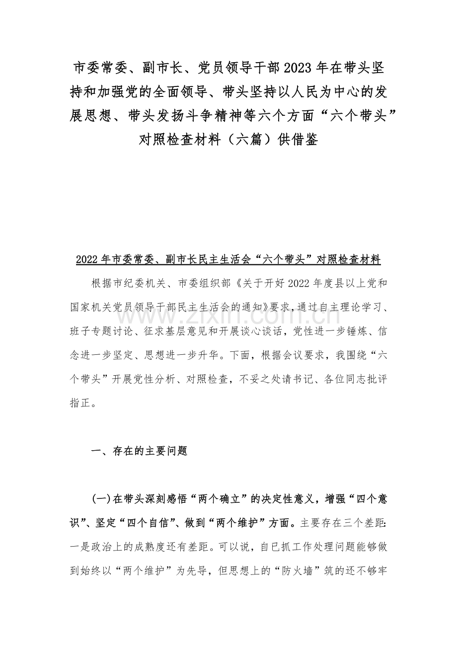 市委常委、副市长、党员领导干部2023年在带头坚持和加强党的全面领导、带头坚持以人民为中心的发展思想、带头发扬斗争精神等六个方面“六个带头”对照检查材料（六篇）供借鉴.docx_第1页