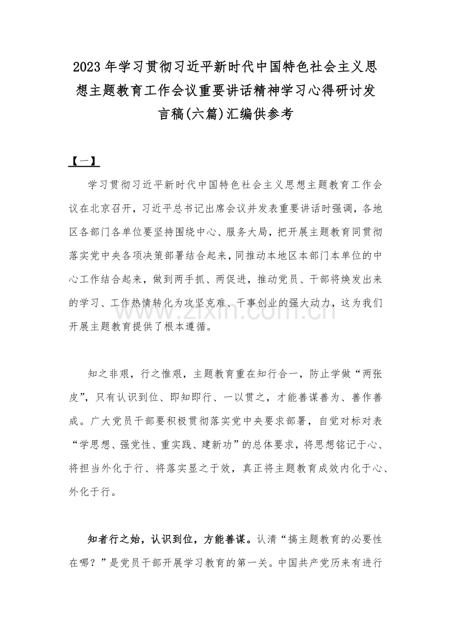 2023年学习贯彻习近平新时代中国特色社会主义思想主题教育工作会议重要讲话精神学习心得研讨发言稿(六篇)汇编供参考.docx_第1页