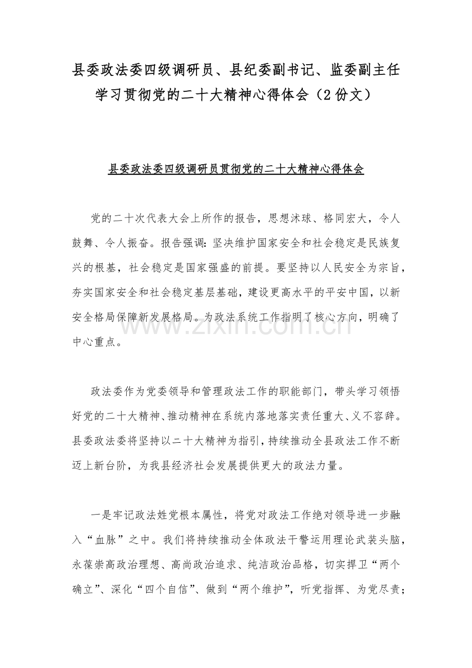 县委政法委四级调研员、县纪委副书记、监委副主任学习贯彻党的二20十大精神心得体会（2份文）.docx_第1页