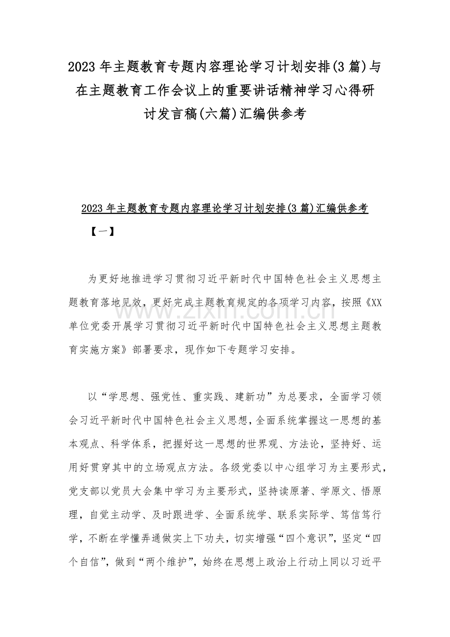 2023年主题教育专题内容理论学习计划安排(3篇)与在主题教育工作会议上的重要讲话精神学习心得研讨发言稿(六篇)汇编供参考.docx_第1页