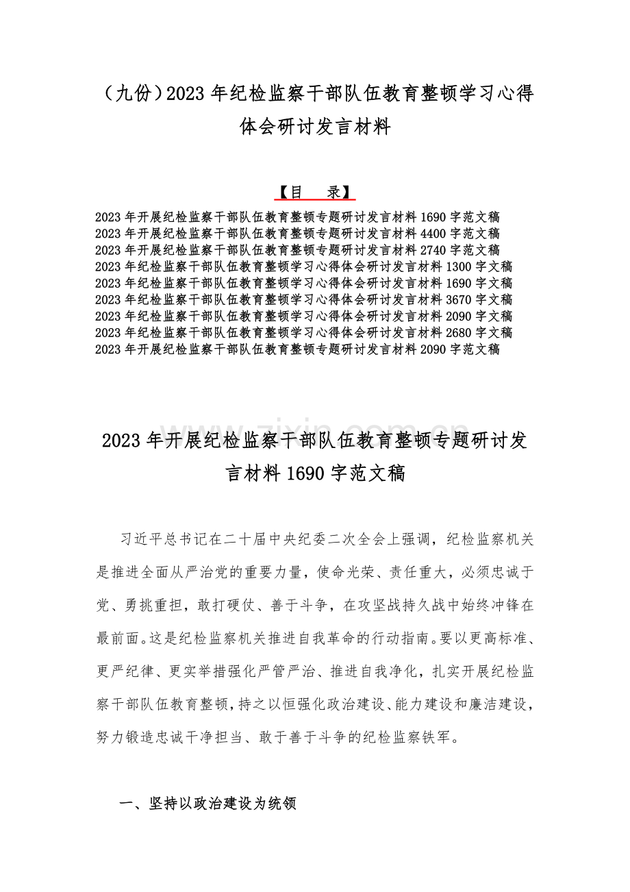 （九份）2023年纪检监察干部队伍教育整顿学习心得体会研讨发言材料.docx_第1页