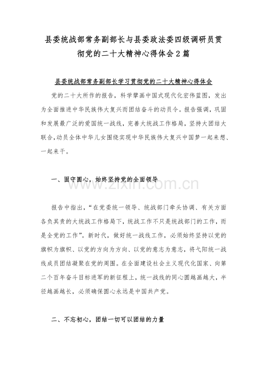 县委统战部常务副部长与县委政法委四级调研员贯彻党的二20十大精神心得体会2篇.docx_第1页