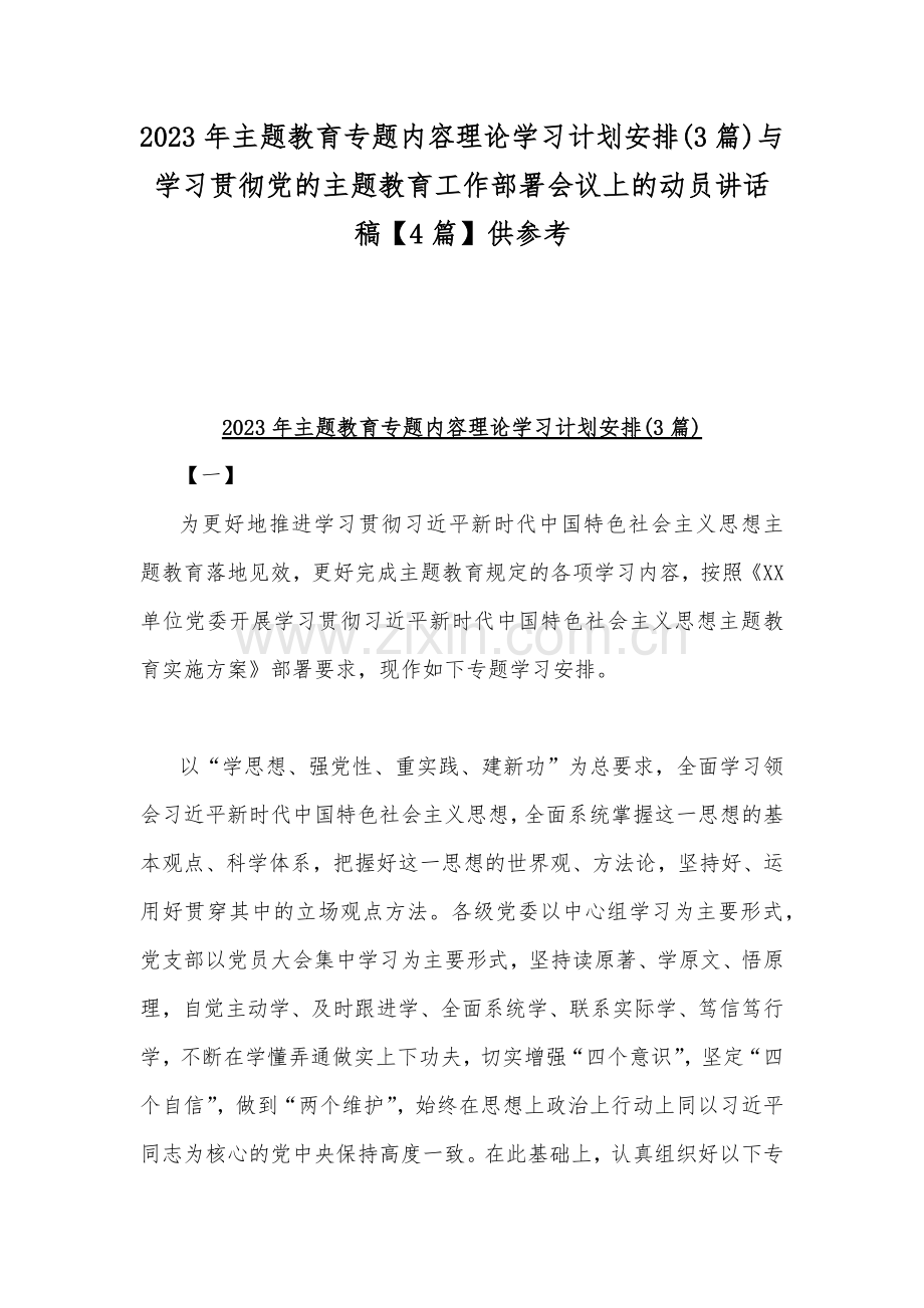 2023年主题教育专题内容理论学习计划安排(3篇)与学习贯彻党的主题教育工作部署会议上的动员讲话稿【4篇】供参考.docx_第1页