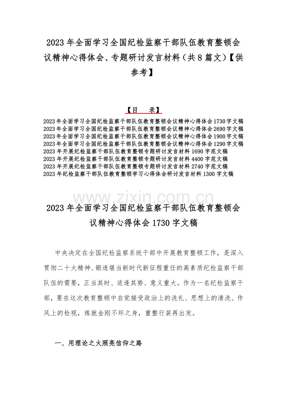 2023年全面学习全国纪检监察干部队伍教育整顿会议精神心得体会、专题研讨发言材料（共8篇文）【供参考】.docx_第1页