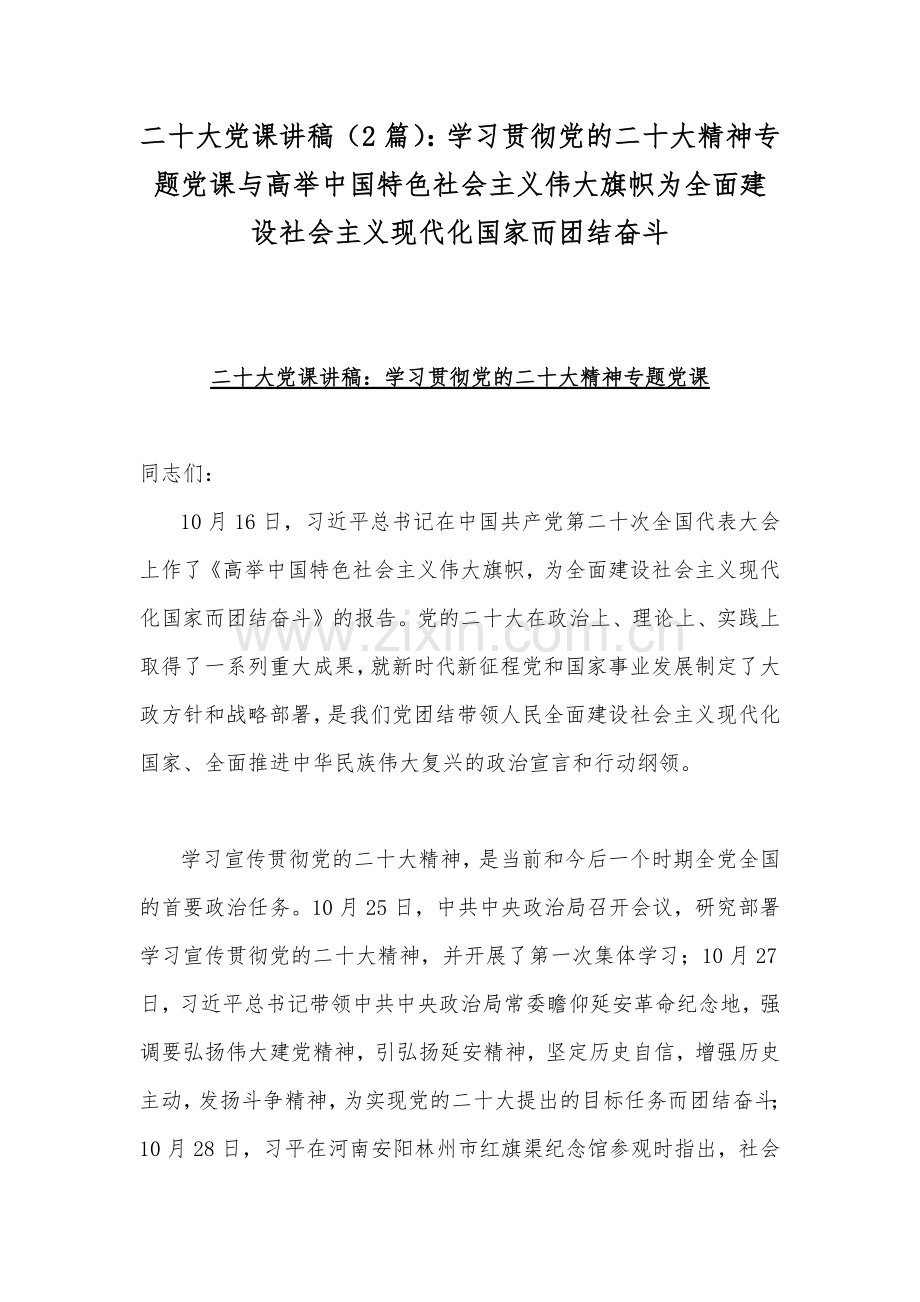 二20十大党课讲稿（2篇）：学习贯彻党的二20十大精神专题党课与高举中国特色社会主义伟大旗帜为全面建设社会主义现代化国家而团结奋斗.docx_第1页