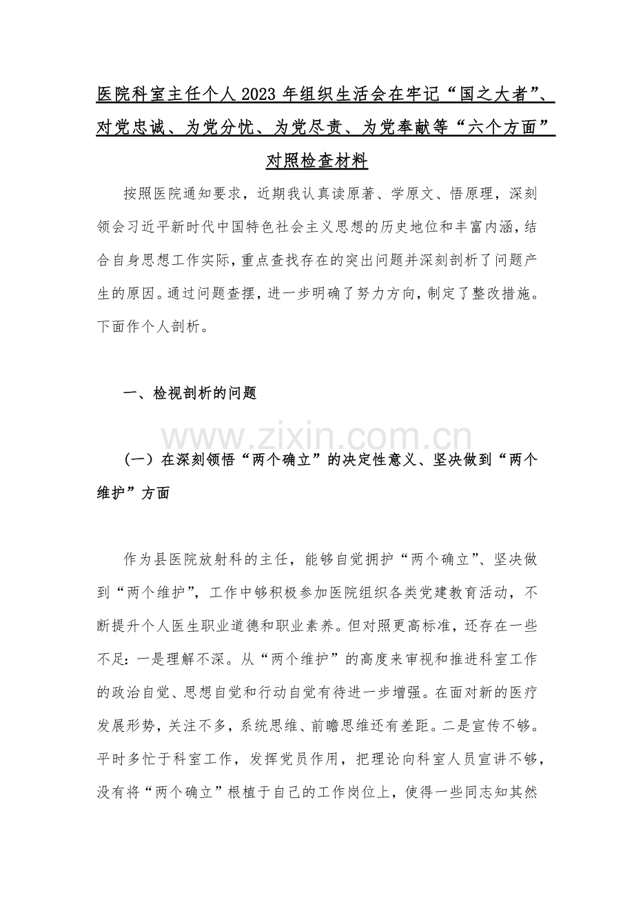 医院科室主任、国企公司党支部班子、党员个人、机关单位党支部2023年组织生活会在牢记国之大者对党忠诚为党分忧为党尽责为党奉献等“六个方面”对照检查材料【八篇】供参考.docx_第2页