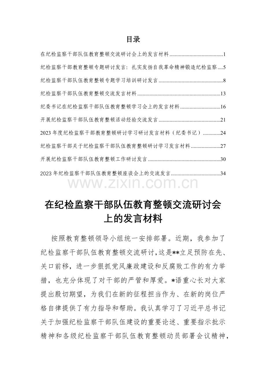 2023在纪检监察干部队伍教育整顿交流研讨会上的发言材料共10篇.docx_第1页