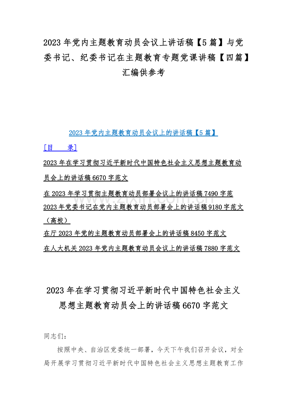 2023年党内主题教育动员会议上讲话稿【5篇】与党委书记、纪委书记在主题教育专题党课讲稿【四篇】汇编供参考.docx_第1页