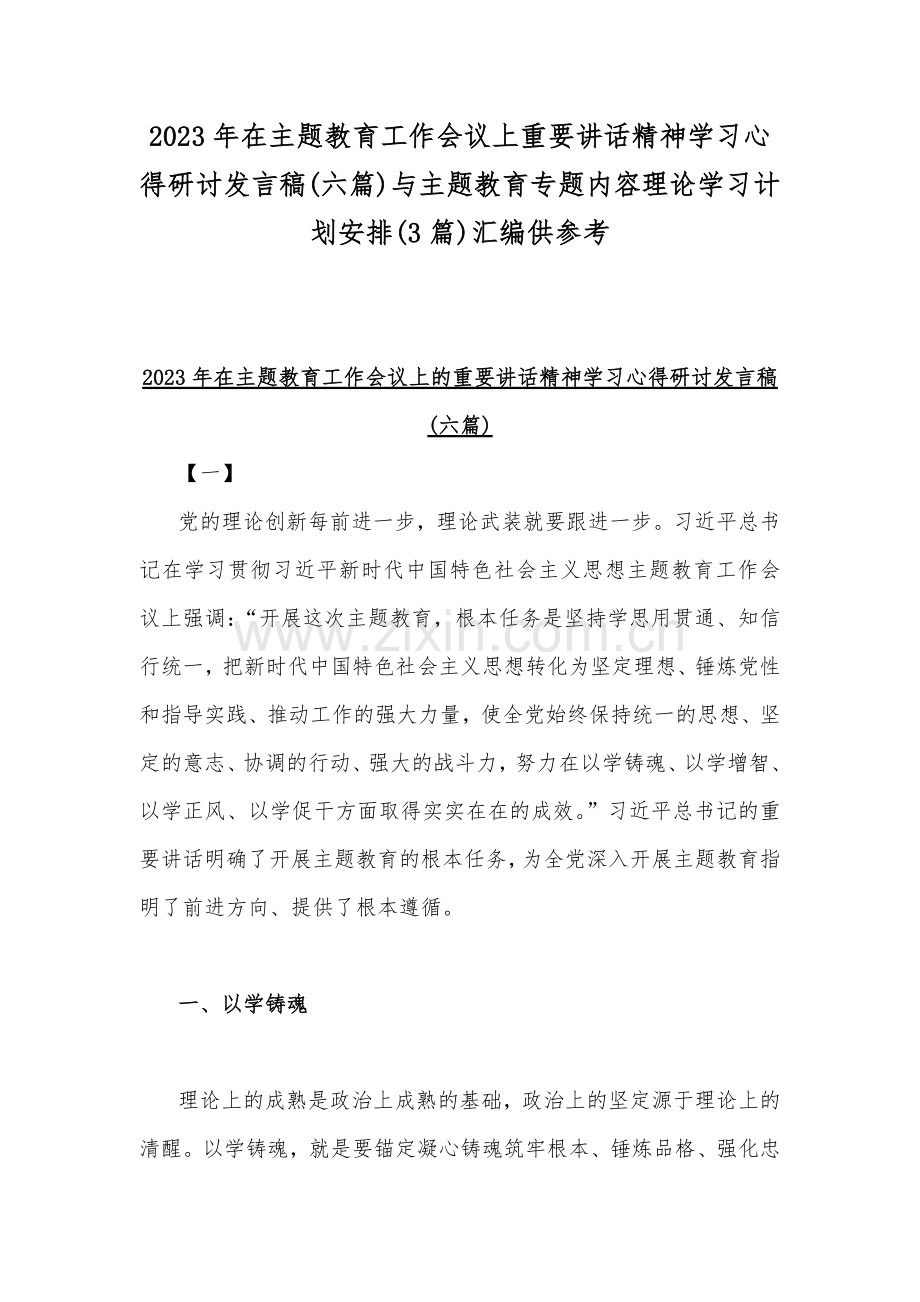 2023年在主题教育工作会议上重要讲话精神学习心得研讨发言稿(六篇)与主题教育专题内容理论学习计划安排(3篇)汇编供参考.docx_第1页