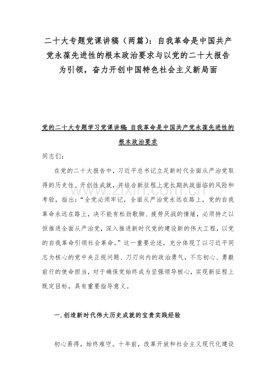 二20十大专题党课讲稿（两篇）：自我革命是中国共产党永葆先进性的根本政治要求与以党的二20十大报告为引领奋力开创中国特色社会主义新局面.docx_第1页